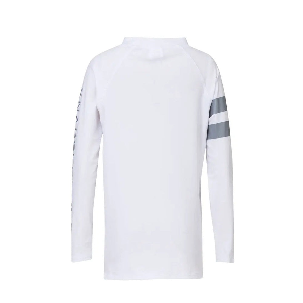 Snapper Rock White Arm Band Long Sleeve Rash Top with gray stripes on the right sleeve, back view