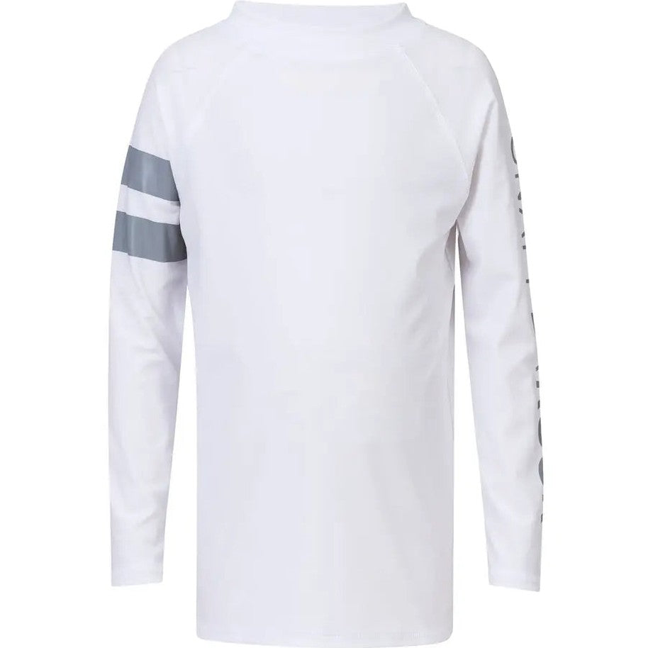 Snapper Rock White Arm Band Long Sleeve Rash Top with gray arm stripes, laid flat.