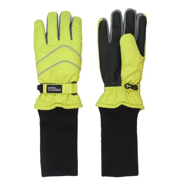 Snowstoppers Nylon Gloves Lime pair with black lining; adjustable wrist strap shows secure winter fit.