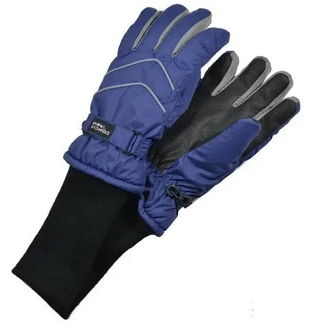 Snowstoppers Nylon Gloves Navy by SNOWSTOPPERS; toddler winter gloves worn on a child’s hands with adjustable cuffs.