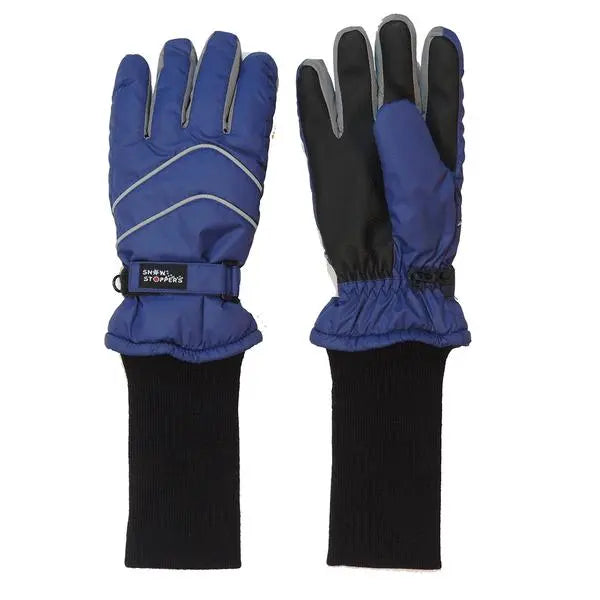 Snowstoppers Nylon Gloves Navy pair for toddlers, blue with reflective piping and black knit cuffs, laid flat.