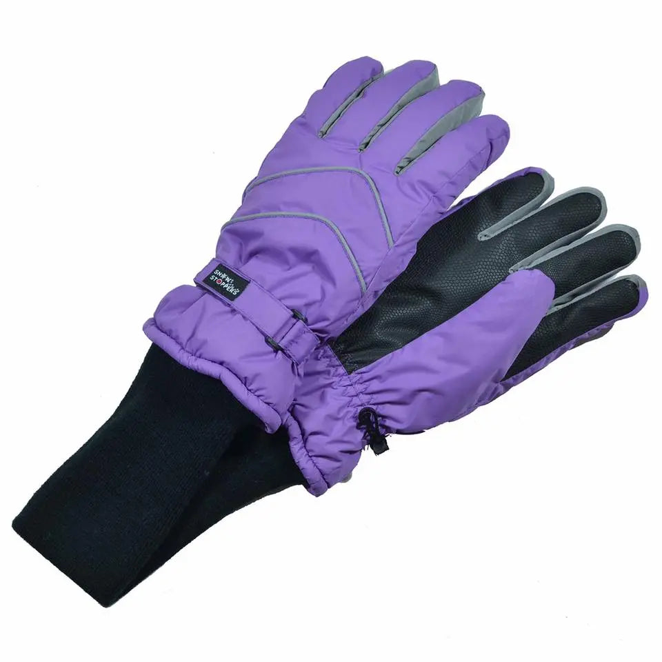 Snowstoppers Nylon Gloves Purple with black inner lining and elastic cuffs worn on a hand.