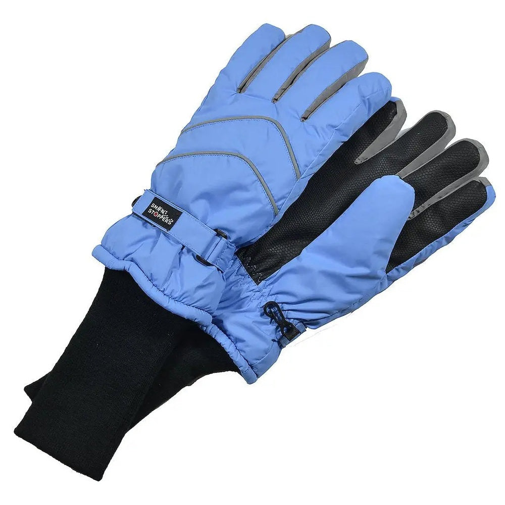 Snowstoppers Nylon Gloves Sky Blue with adjustable cuff strap secured at the wrist and black grip palms