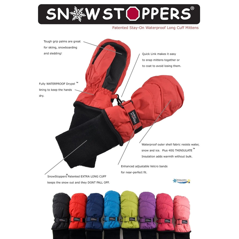 Snowstoppers Nylon Mittens Lime Green with extra-long cuff and Velcro strap, showing secure fit during snowy play.