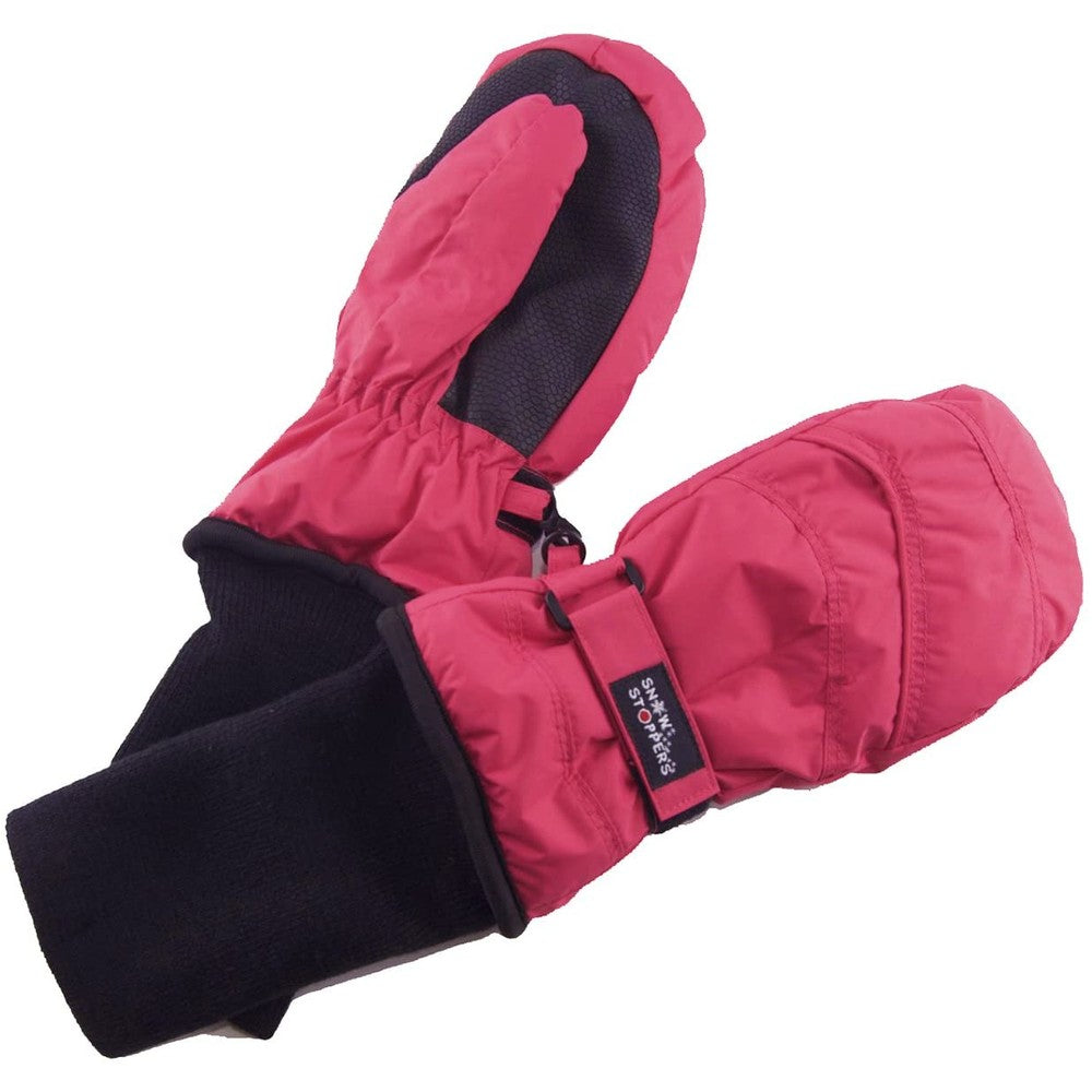 Snowstoppers nylon mittens, small, fuchsia with black cuffs