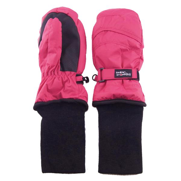 Snowstoppers nylon mittens, small, fuchsia with black knit cuffs, pair