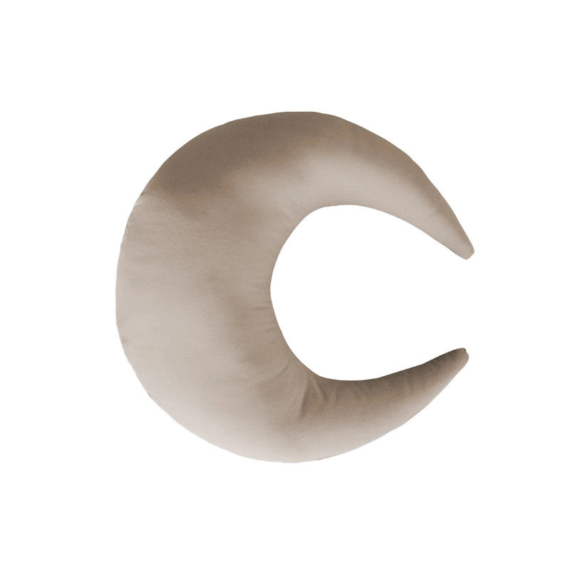 Snuggle Me Organic Feeding Support crescent nursing pillow in beige, curved cushion for lounging.