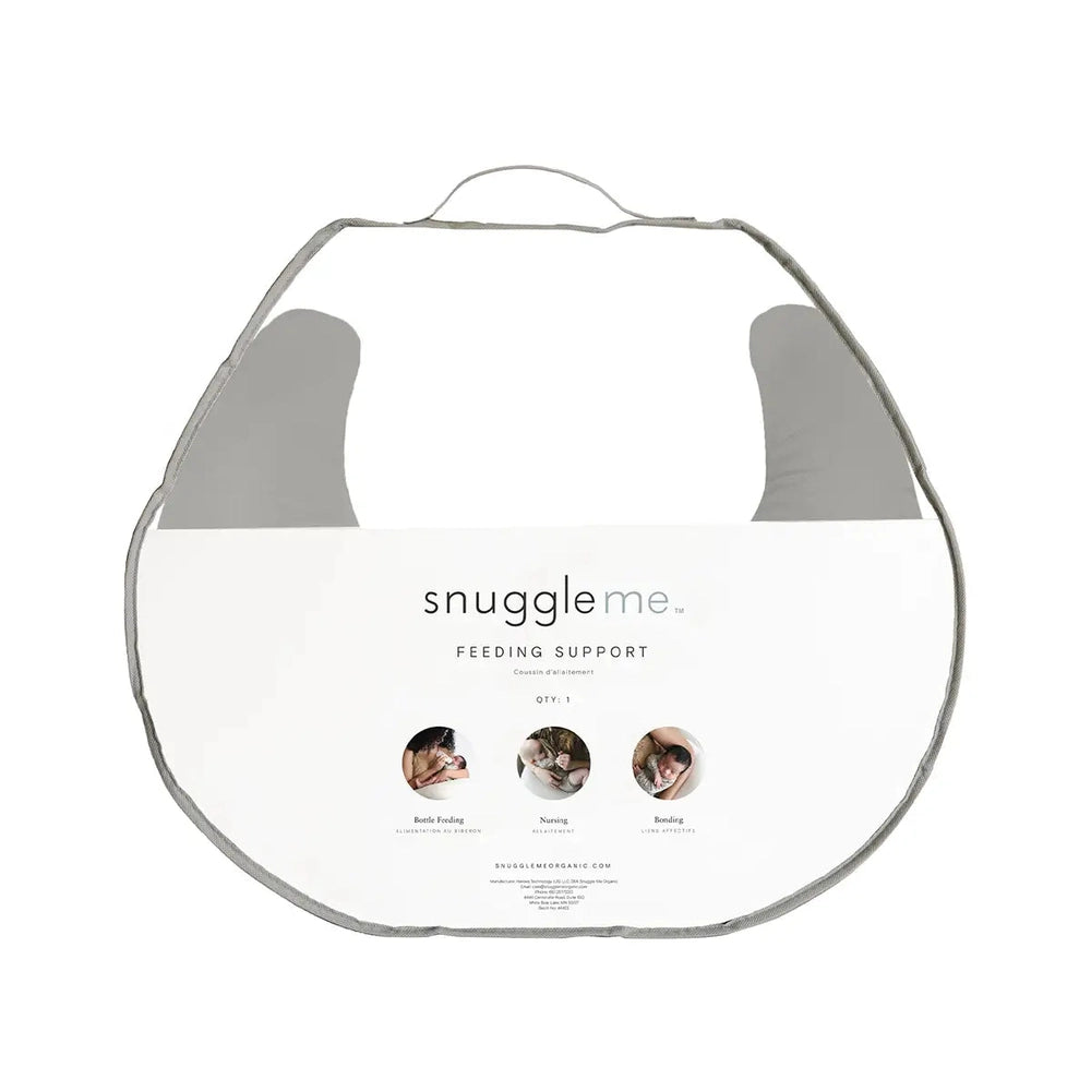 Snuggle Me Organic Feeding Support, gray round nursing cushion with a carry handle, shown as a portable feeding aid.