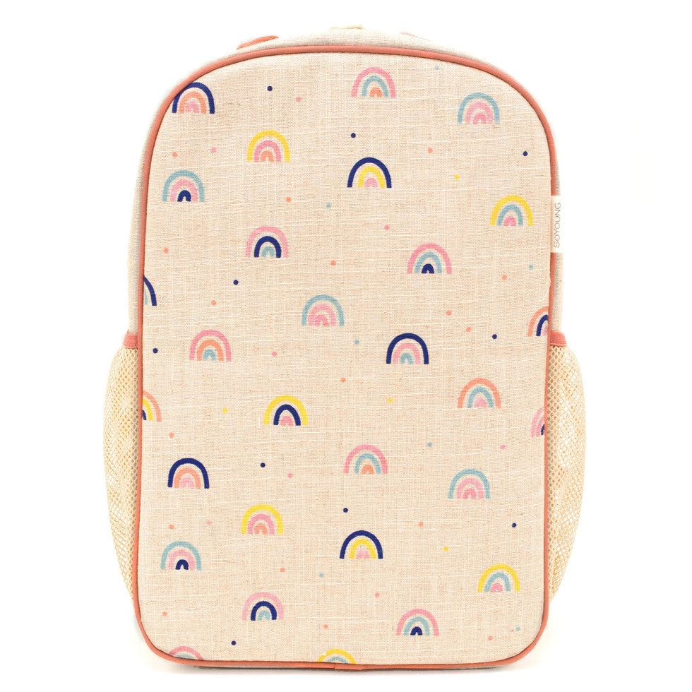 SoYoung Grade School Backpack in beige with pastel rainbow pattern, pink trim, and mesh side pockets.
