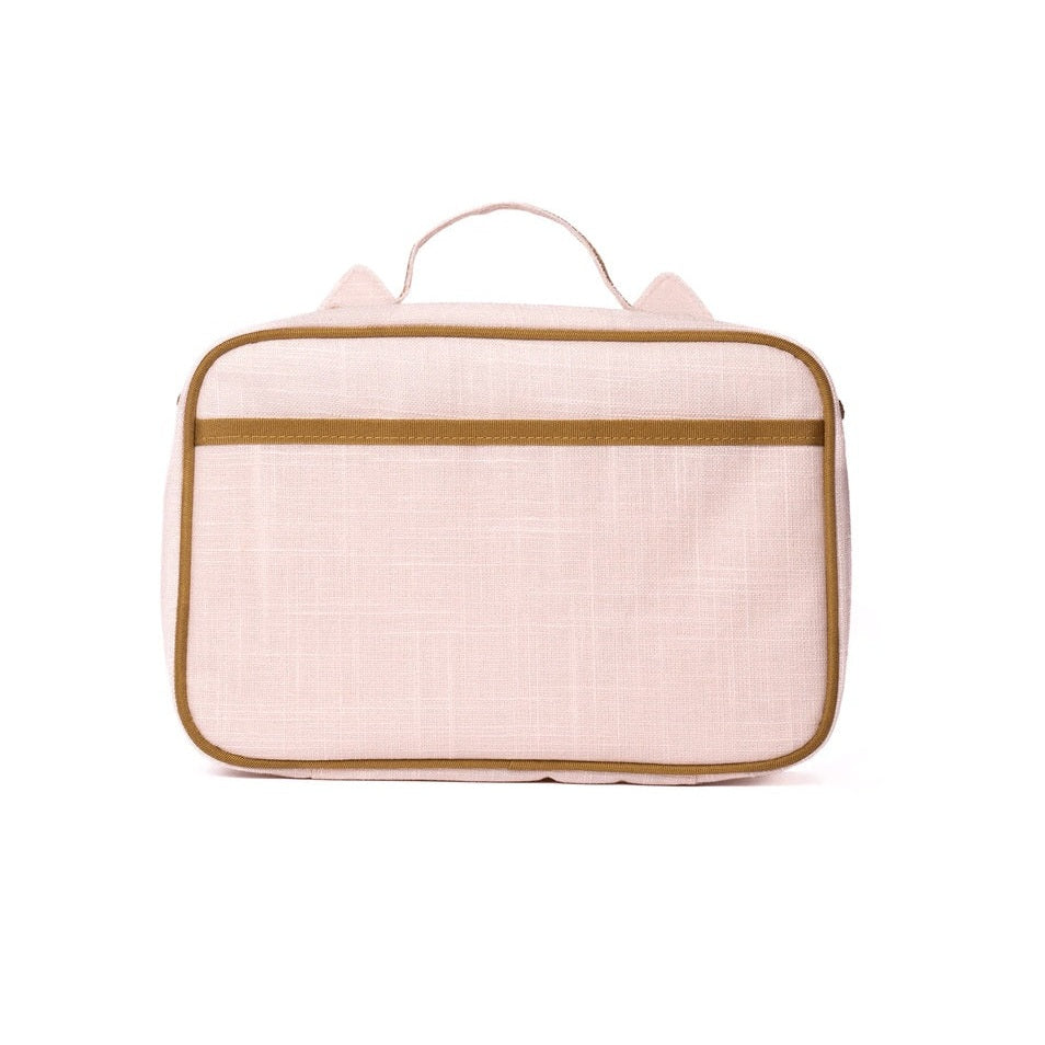 So Young Lunch Box pale pink fabric with brown trim; top handle shown for easy carry.