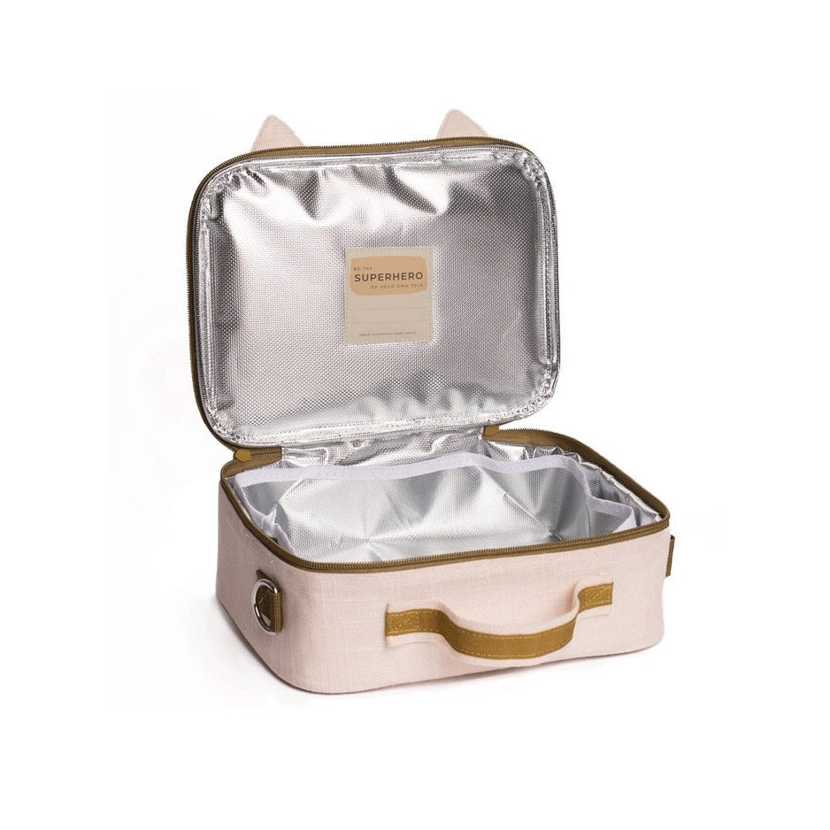So Young Lunch Box in blush pink with beige handles; open lid shows silver insulated interior for fresh meals.
