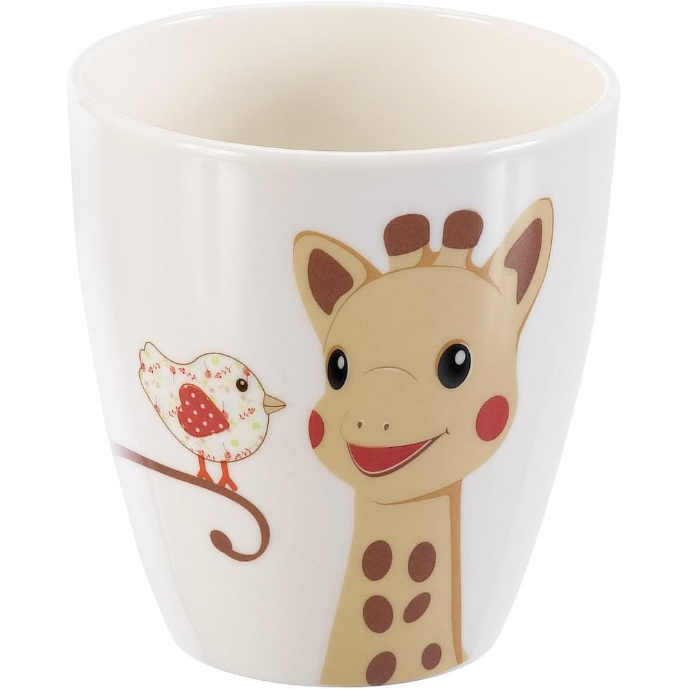 Sophie la Girafe Fresh Touch Mealtime Set Kiwi cup featuring a smiling giraffe and bird illustrations