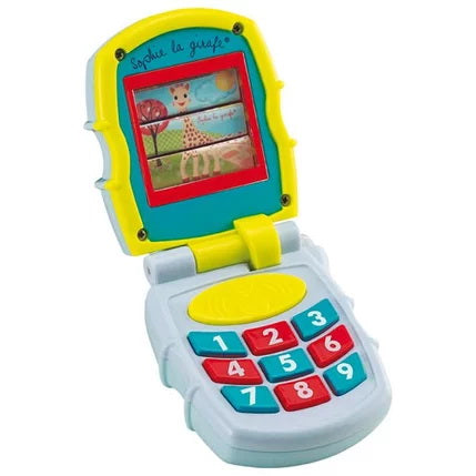 Sophie la Girafe Fresh Touch Musical Phone toy in bright yellow and blue with a red screen