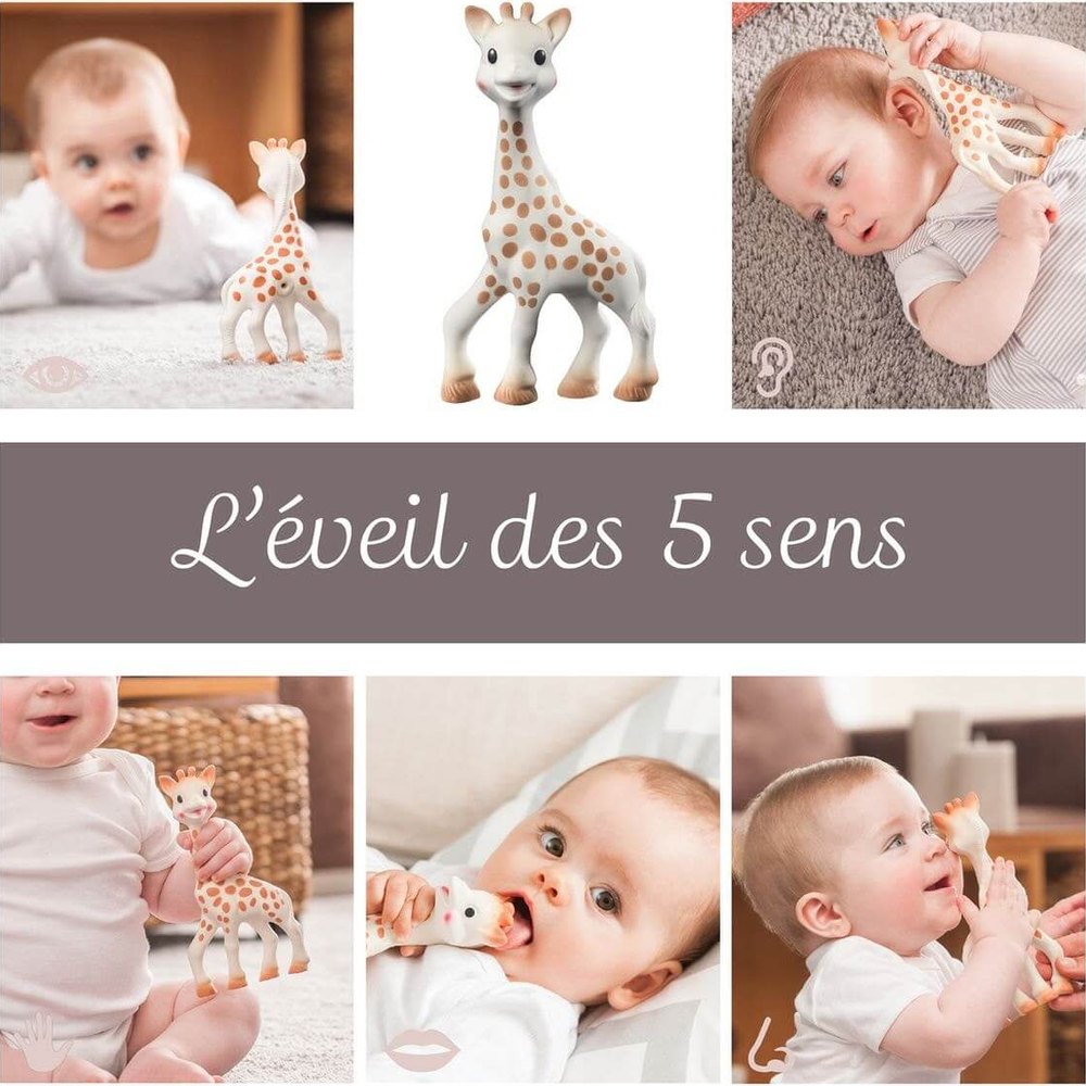 Sophie la Girafe teether, beige spotted giraffe, baby collage layout