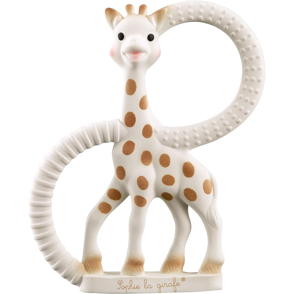 Sophie la Girafe teething ring featuring a giraffe figure and textured loop for soothing baby gums