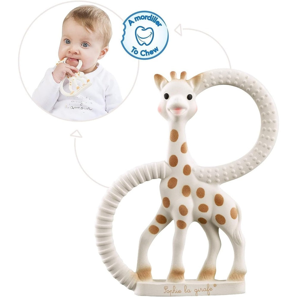 Sophie la Girafe teething ring with a textured loop and giraffe figure for babies