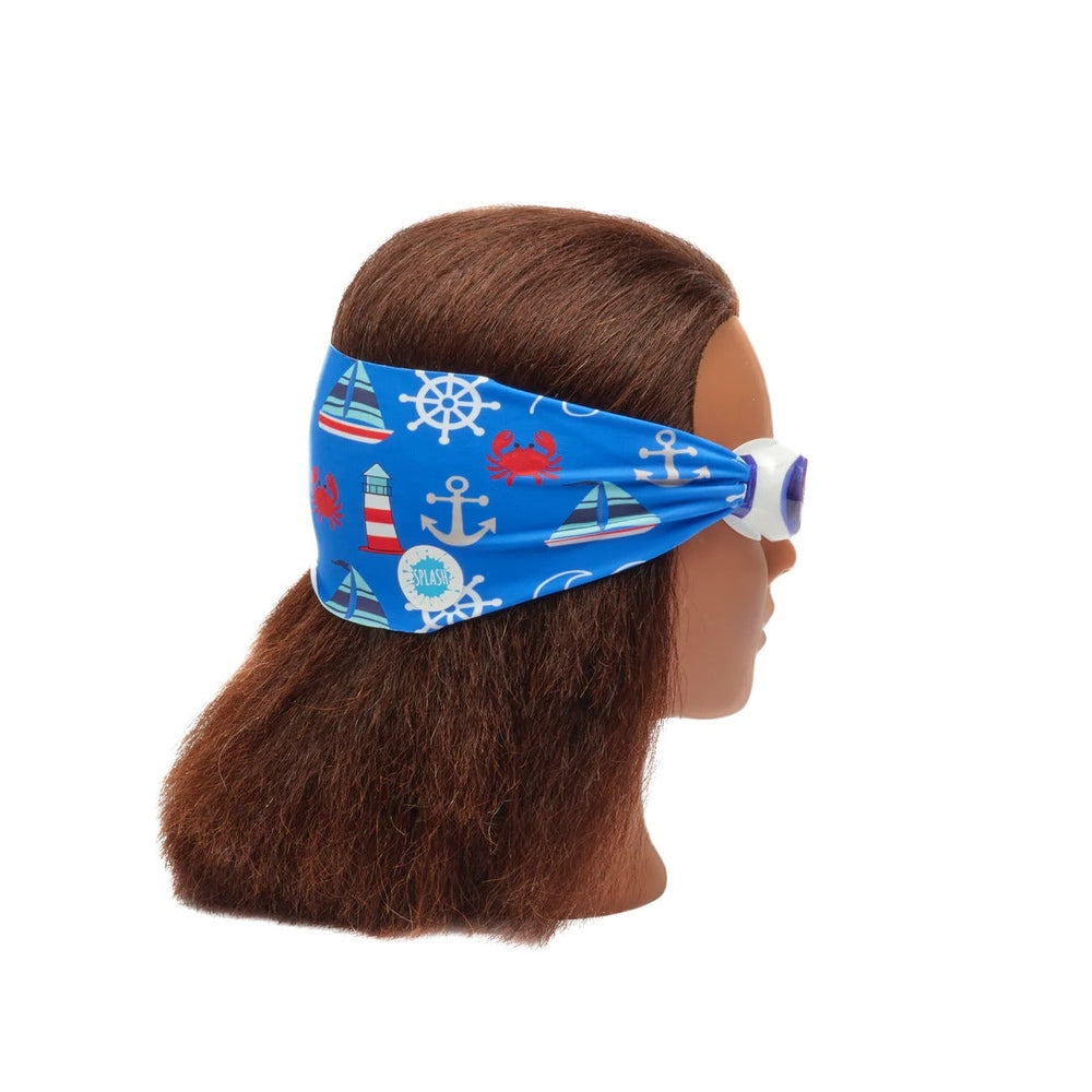 Splash Anchors Away Swim Goggles in blue nautical print with white-framed purple lenses, side view on mannequin head