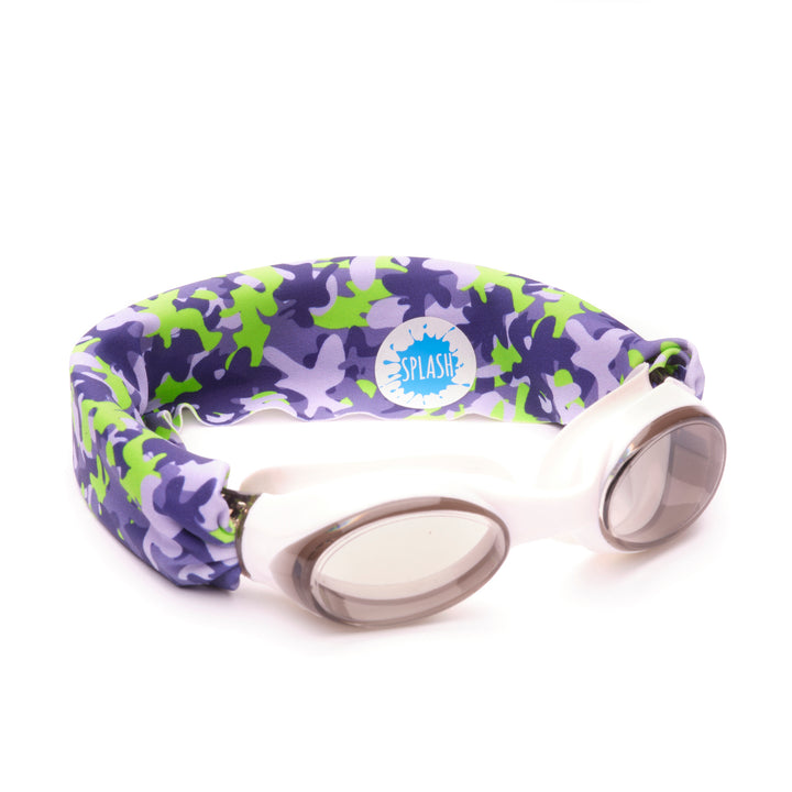 Splash Swim Goggles Camo with white frames and purple-green camo strap