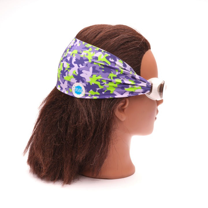 Splash Swim Goggles Camo headband with built-in goggles, purple camouflage fabric; SPLASH brand