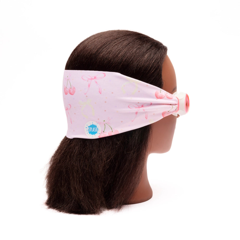 Splash Swim Goggles Cherry Charms pink fabric headband with cherry pattern and SPLASH logo patch