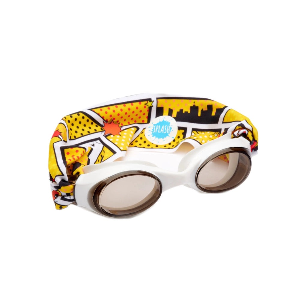 Splash Swim Goggles Comics with white frame, brown-tinted lenses, and colorful comic strap.