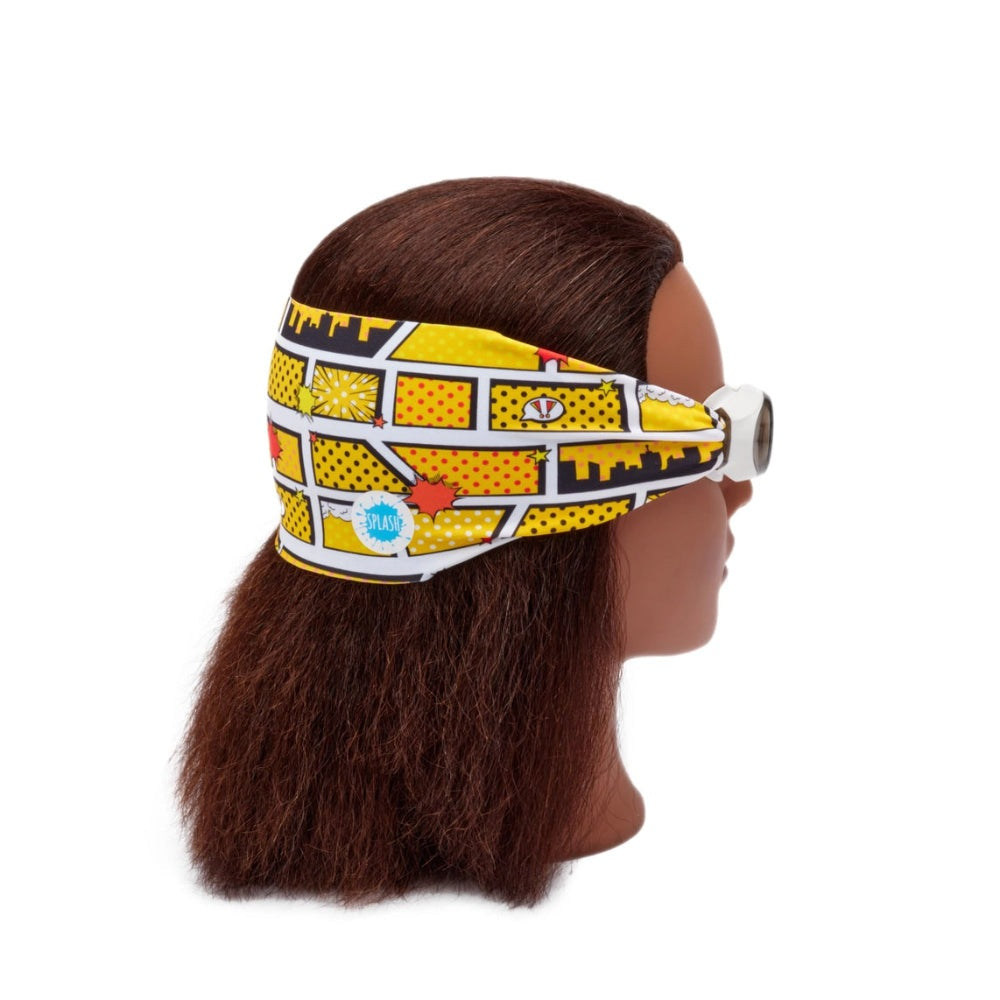 Splash Swim Goggles Comics headband-style swim goggles with yellow comic-panel print