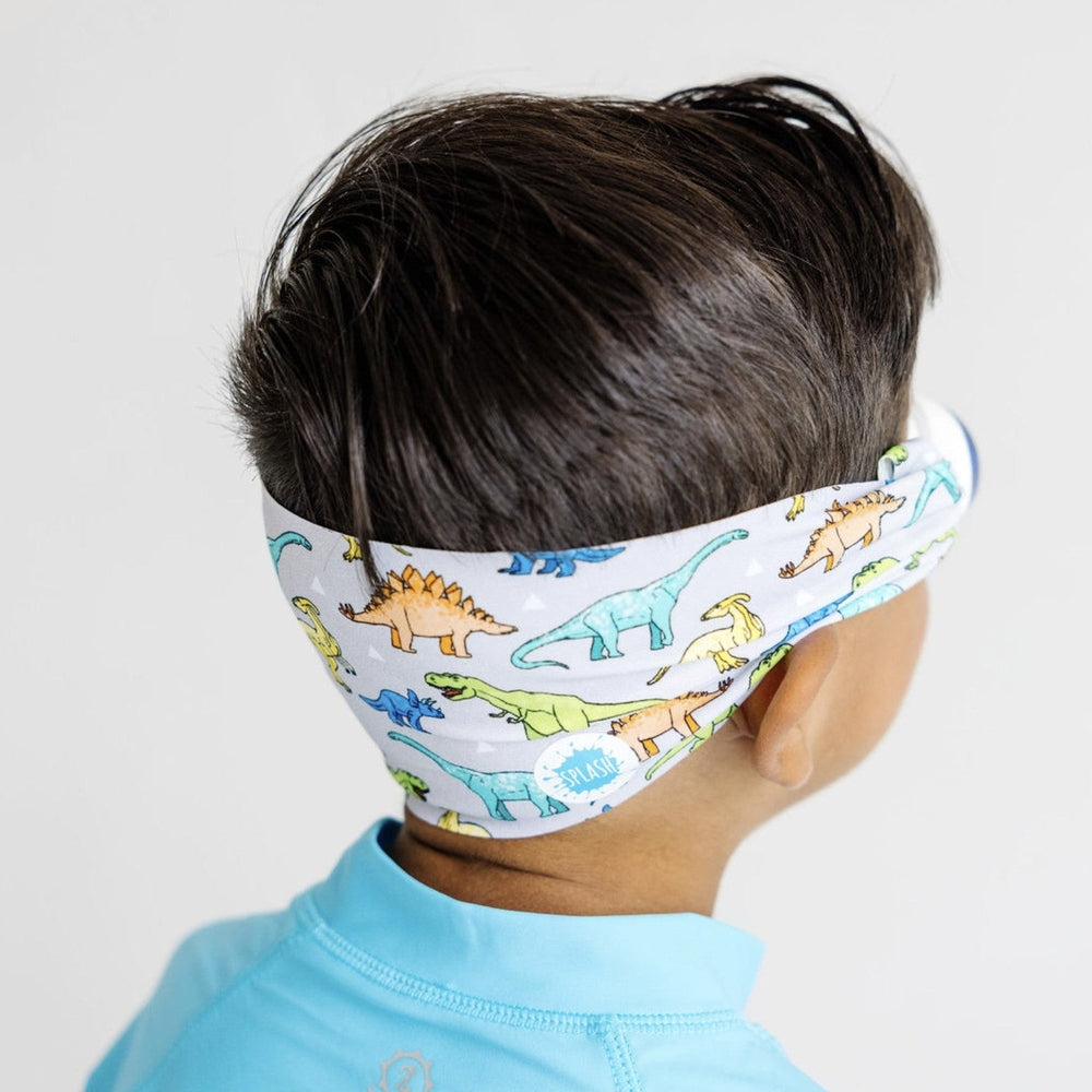 Splash Swim Goggles Dino headband; white fabric with colorful dinosaur print for kids