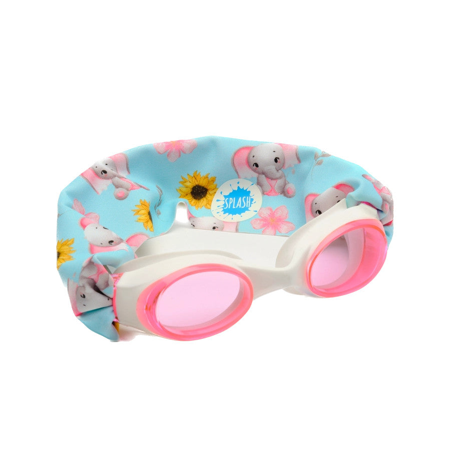 Splash Swim Goggles Ellie with pink lenses and white frame paired with blue elephant-flower swim cap.