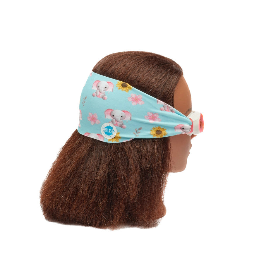 Splash Swim Goggles Ellie kids headband with a blue elephant pattern and pink floral accents