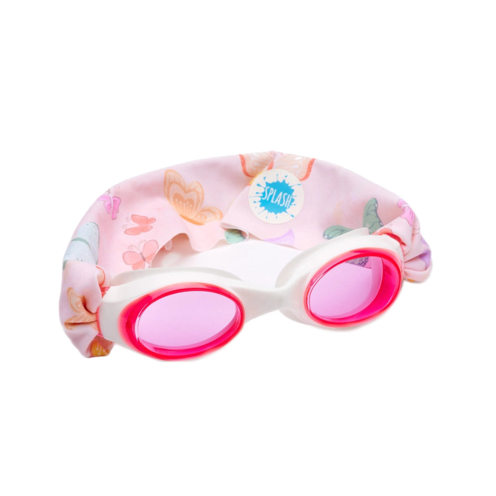 Splash Swim Goggles Flutter infant goggles with pink lenses, white frame, floral cap