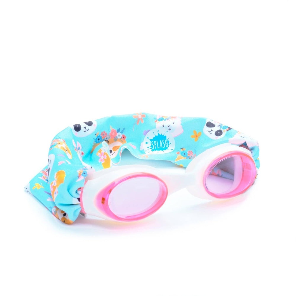 Splash Swim Goggles Forest Friends kids swimming goggles with turquoise strap and pink rims.