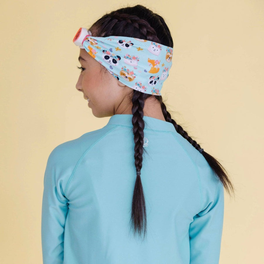 Splash Swim Goggles Forest Friends headband with light-blue fabric and woodland animal print