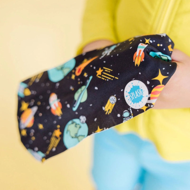 Splash Swim Goggles Galactic on black space-print fabric featuring rockets and planets by Splash Swim Goggles