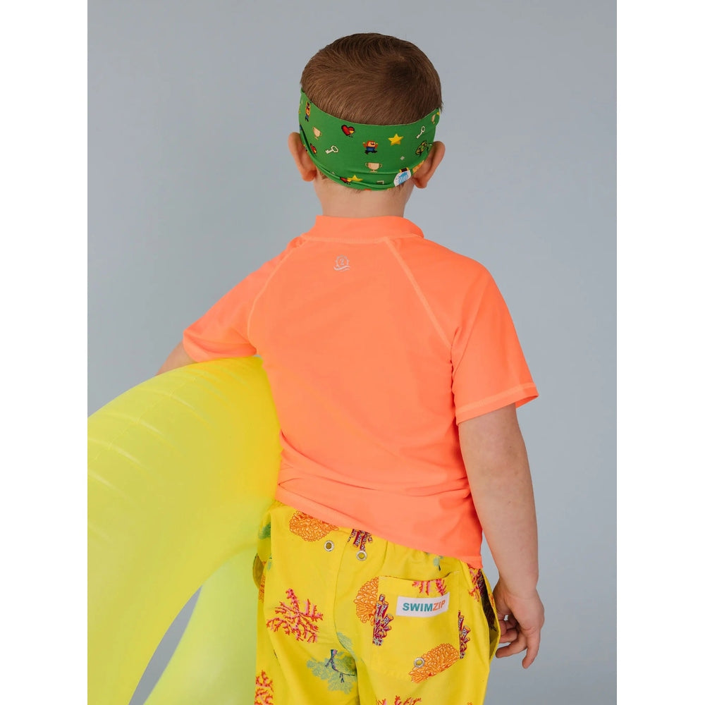 Splash Level Up Swim Goggles back view of child in orange shirt and yellow shorts, green headband, yellow inflatable.