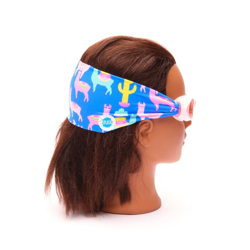 Splash Swim Goggles Llama Fiesta on brunette mannequin head with blue llama-pattern headband and pink-rim goggles