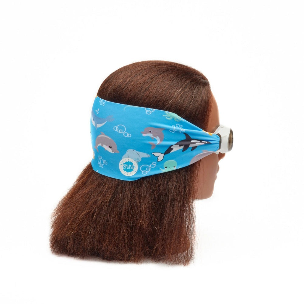 Splash Swim Goggles Ocean Friends for kids; blue printed headband featuring dolphins and sea creatures.