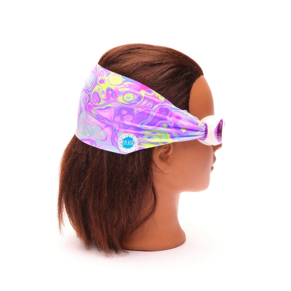 Splash Swim Goggles Pastel Swirl on a mannequin head; pastel swirl strap with white frame.