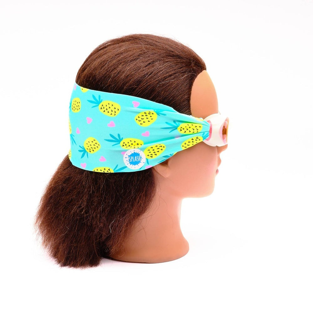 Splash Swim Goggles Pineapple Crush with turquoise pineapple-print headband and pink heart accents