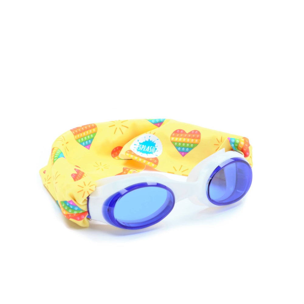 Splash Swim Goggles Rainbow Pop with blue lenses and a yellow patterned cap