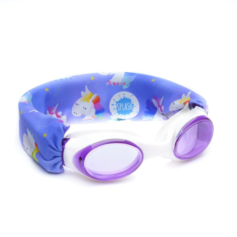 Splash Swim Goggles Rainbow Unicorn swimming goggles with purple lenses and a blue unicorn-print strap