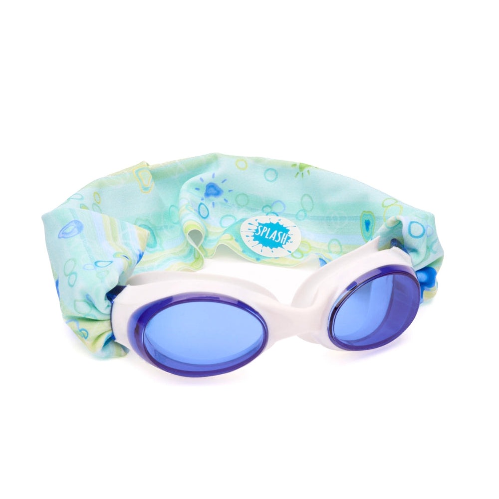 Splash Swim Goggles Sea Glass; white frame with blue lenses and aqua patterned strap