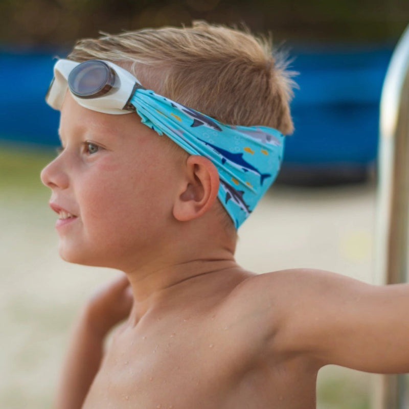 Splash Swim Goggles Shark Attack kid's swimming goggles with a blue shark-themed headband