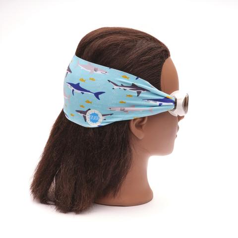 Splash Swim Goggles Shark Attack blue shark-print headband with white goggles on mannequin