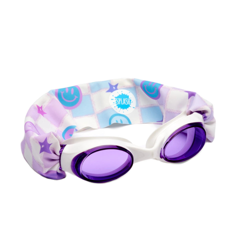 Splash Swim Goggles Smiley with white frame and purple lenses, pastel check strap