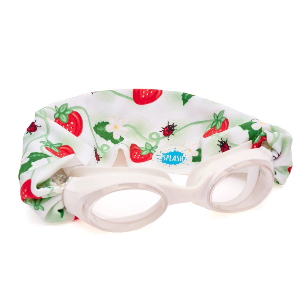 Splash Swim Goggles Strawberry Fields with white frame and strawberry-patterned strap