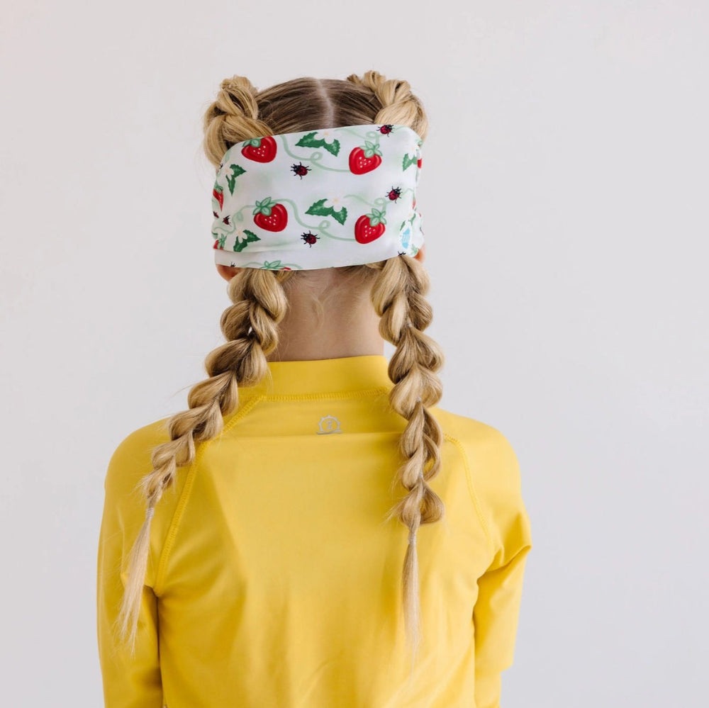 Splash Swim Goggles Strawberry Fields headband with red strawberry print on white background