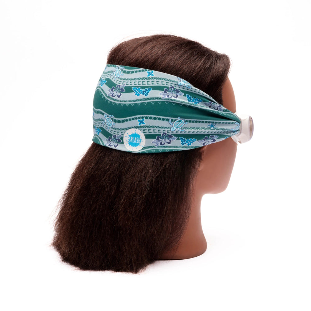 Splash Swim Goggles Turtle Turnpike on teal strap with blue floral pattern and Splash logo
