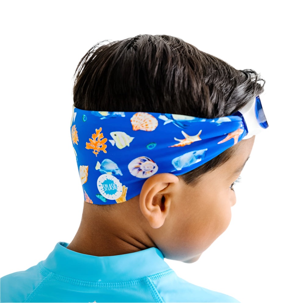 Splash Swim Goggles with blue undersea print headband and clear lens frames