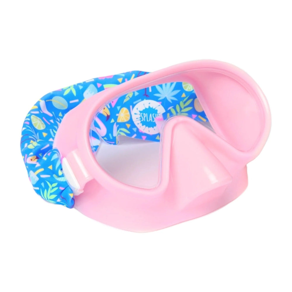 Splash Flamingo Pop Swim Mask Goggles for Adults in Pink with Blue Tropical-Print Strap