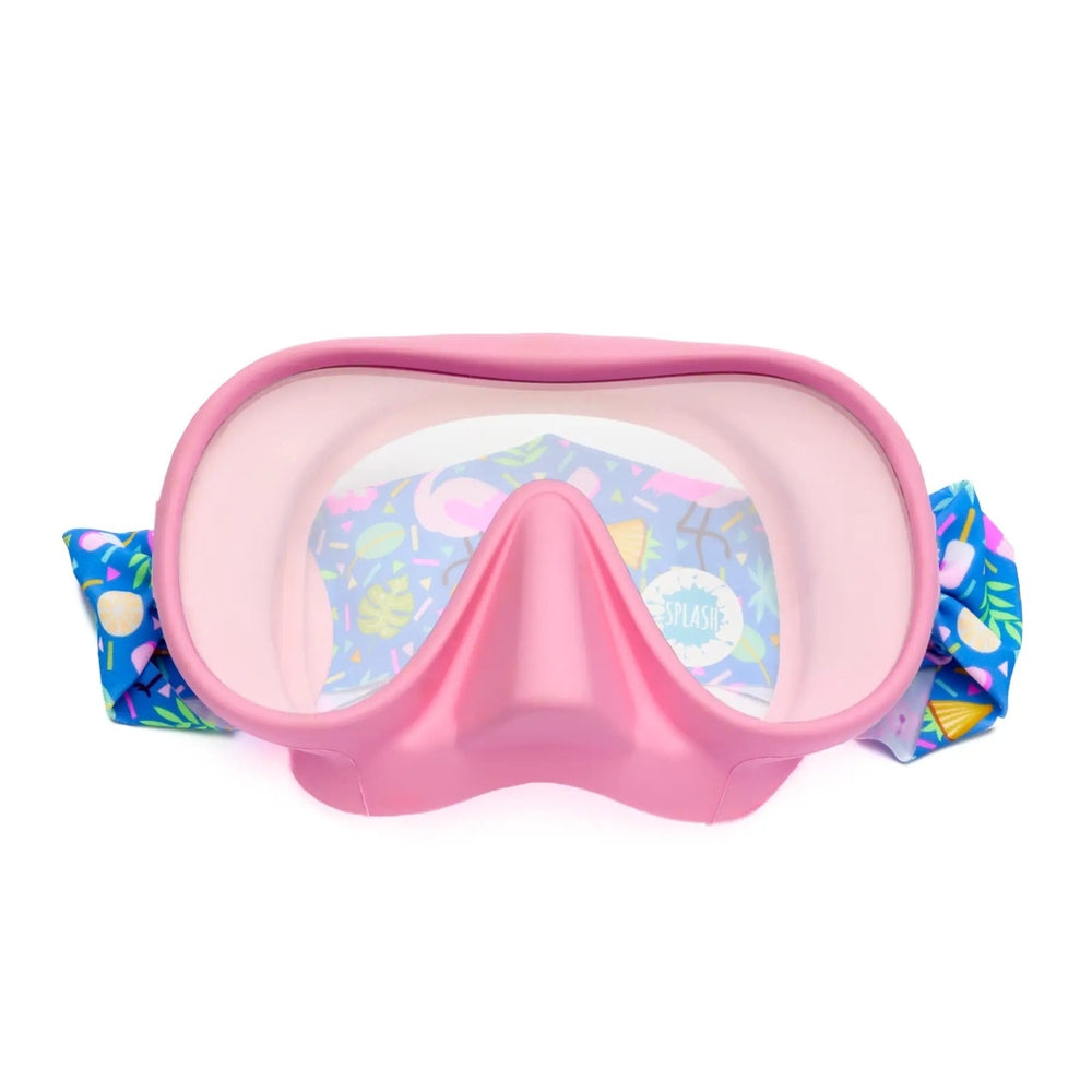 Splash Flamingo Pop Swim Mask Goggles in Pink with tropical-pattern straps